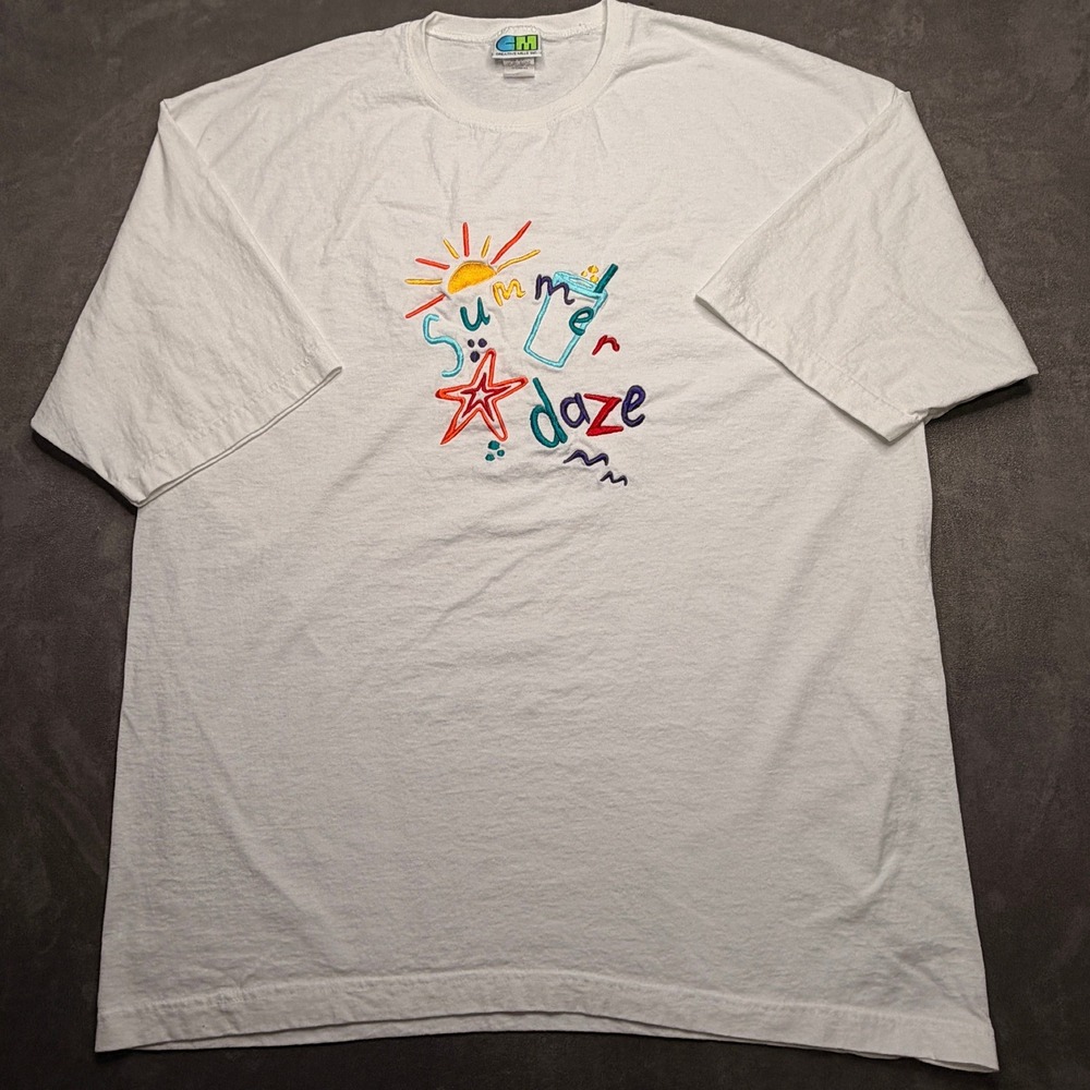 VTG 90s Creative Mills T-Shirt Womens 3XL White Summer Daze Embroidered Cotton